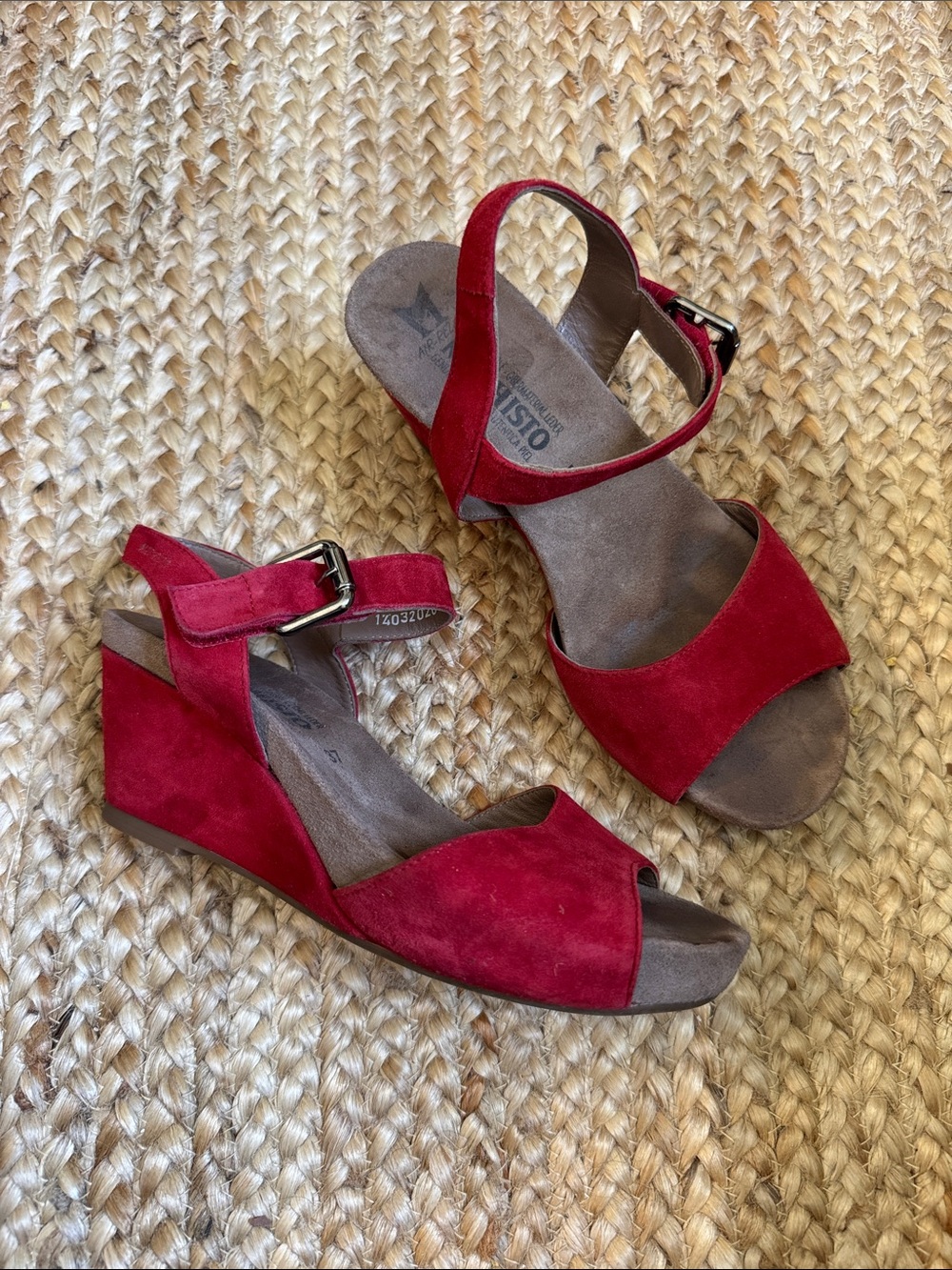 Mephisto 37 Red Suede Beauty Wedge Sandals